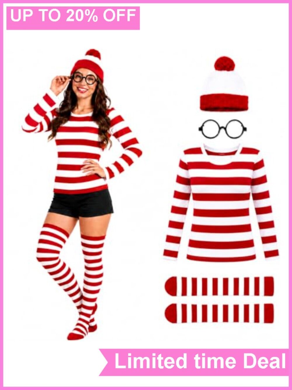 Cosplay Costume Set Striped Long Sleeve Shirt Beanie Glasses Socks